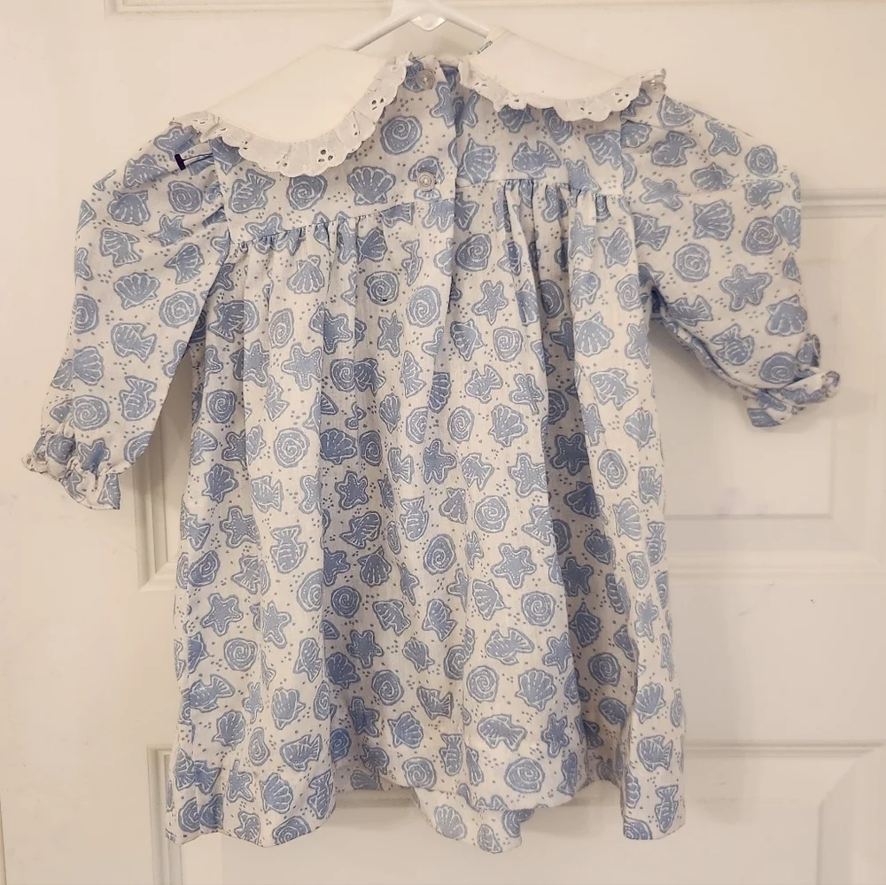 Girls Little Star Vtg Dress Blue White Beach Seashell Mid Sleeve Size 3t #JJ893